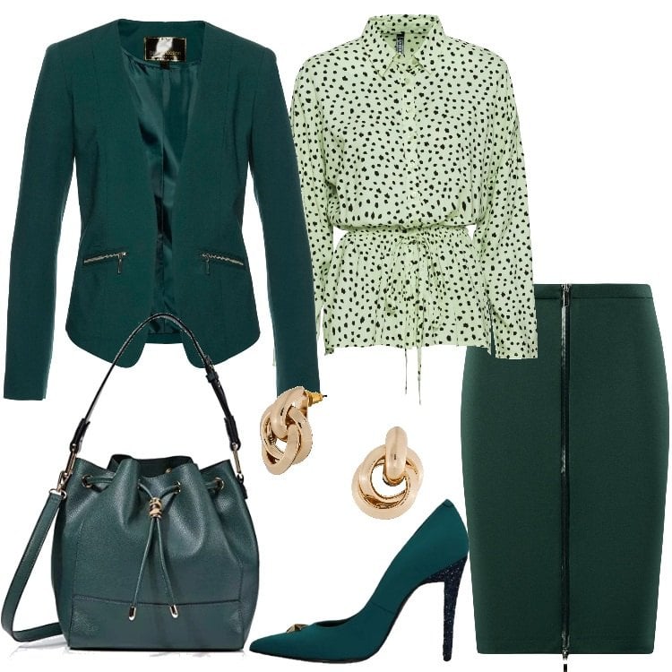 Outfit donna - Verde rassicurante. Stile Chic per Ufficio. Abbinamento con blazer, camicetta lunga con bottoni verde, orecchini oro, décolleté, gonne, borse a spalla.