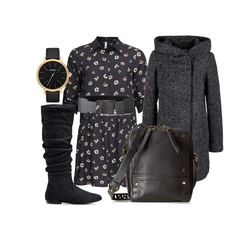 Outfit donna - A lezione di pianoforte. Stile Urban per Tutti i giorni. Abbinamento con stivali, maglieria, cintura con fibbia in pelle sintetica argento e nero, orologio analogico nero, cappotto, borsa a tracolla nero.