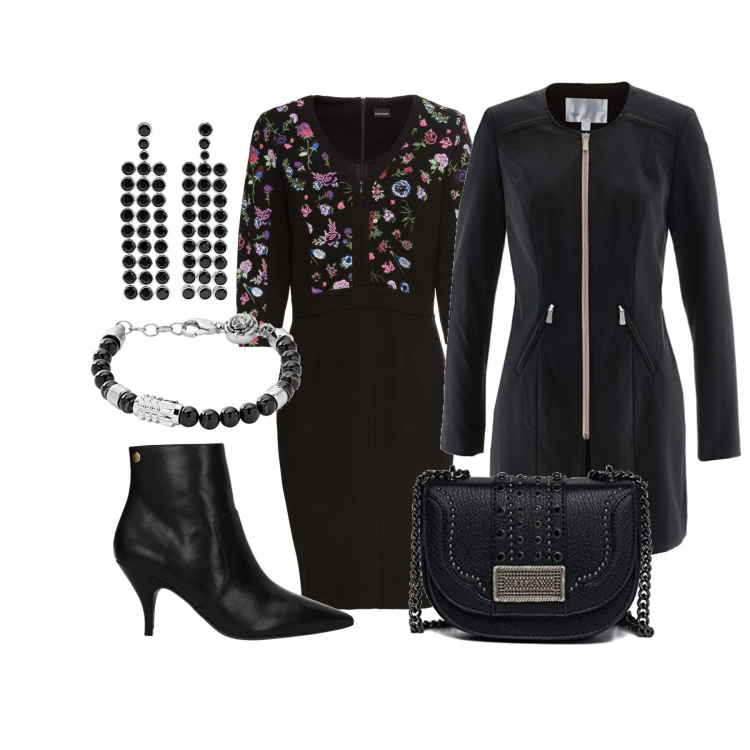Outfit donna - Saggio danza di mia figlia. Stile Chic per Serata fuori. Abbinamento con vestito jersey, blazer nero, orecchini, stivaletti nero, borsa a tracolla nero, braccialetti.