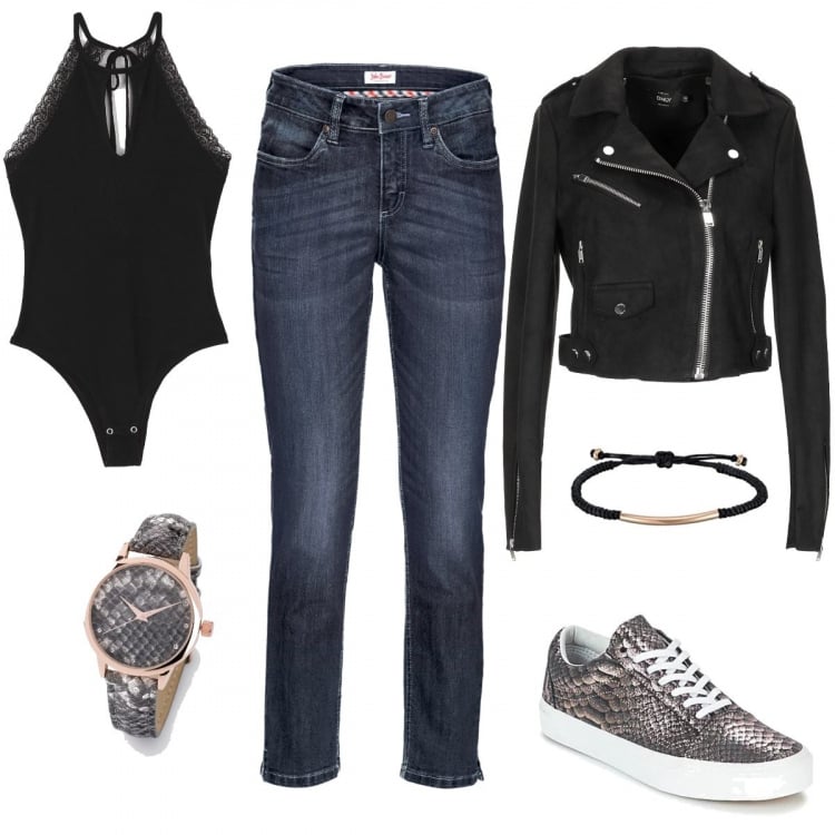Outfit donna - Dettaglio pitonato. Stile Rock per Serata fuori. Abbinamento con jeans, orologio fantasia beige, giubbotto, body con pizzo tinta unita nero, scarpe oro, braccialetto in acciaio inox rosa.