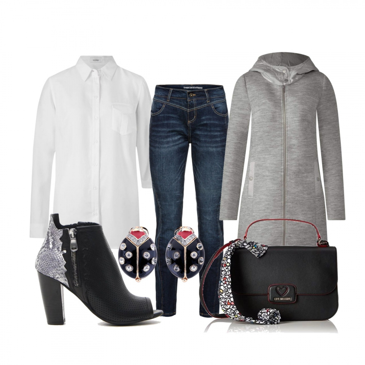 Outfit donna - La partita di calcetto di mio figlio. Stile Urban per Serata fuori. Abbinamento con jeans boyfriend, camicia in seta, orecchini con strass a clip oro e argento, cappotto, sandali, borsa a spalla nero.