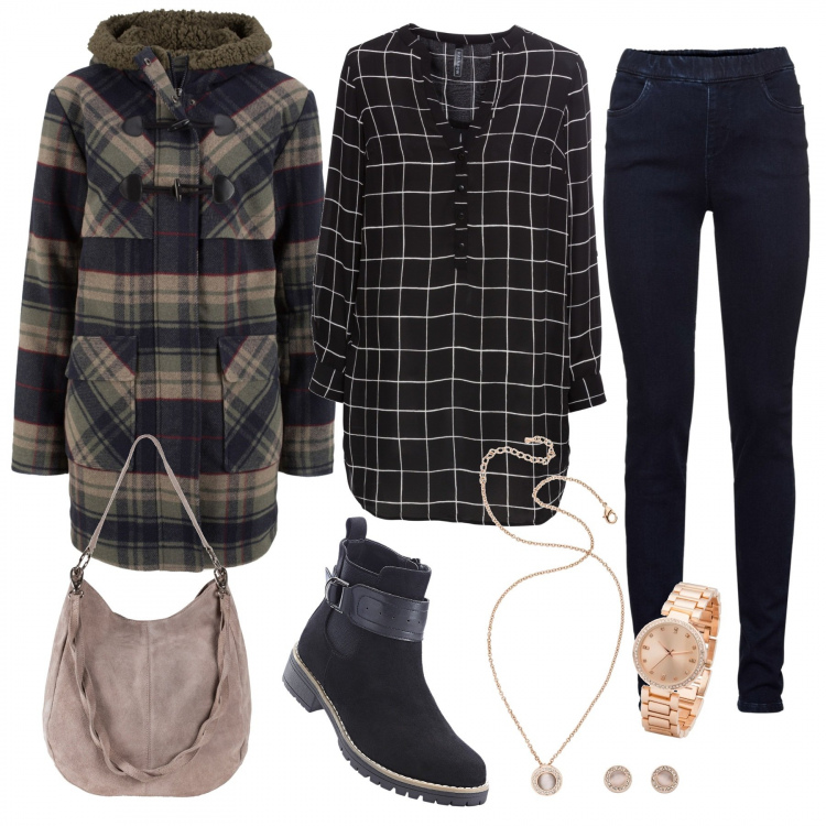Outfit donna - Montgomery sui jeggin. Stile Basic per Scuola/Università. Abbinamento con bluse, stivaletti, borse a mano, montgomery, jeggings, orecchini.