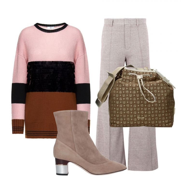 Outfit donna - Trendy #27213. Stile Trendy per Tutti i giorni. Abbinamento con pantalone lungo, stivaletti effetto scamosciato con tacco squadrato e zip a punta tinta unita, borsa a spalla, maglia maxi contrasto con paillettes e fasce in mohair made italy rosa e marrone e nero.