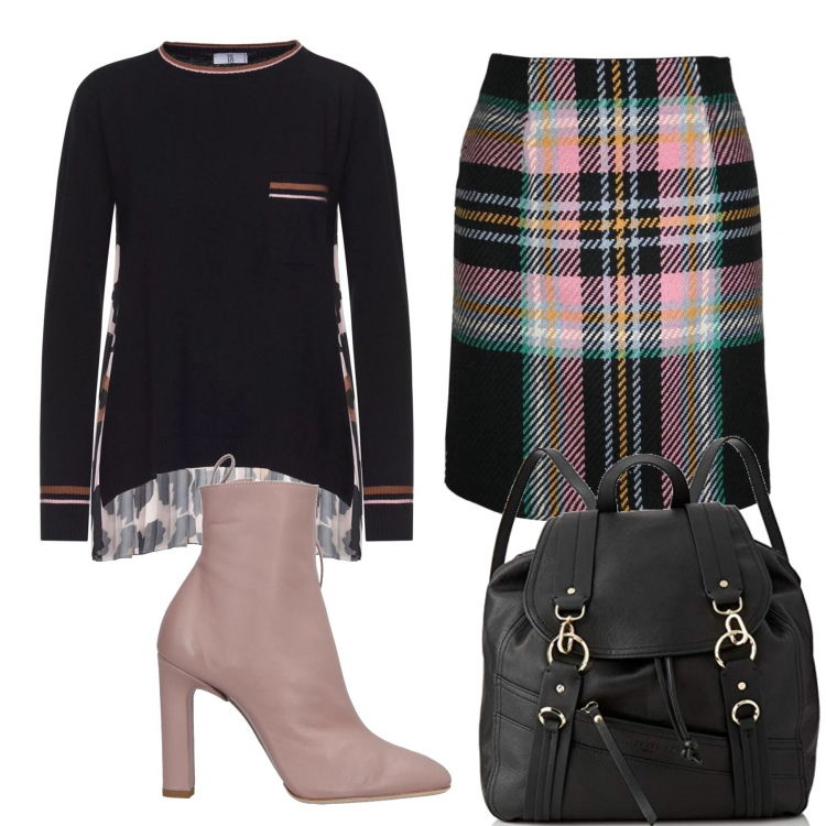 Outfit donna - Trendy #27214. Stile Trendy per Tutti i giorni. Abbinamento con stivaletti con punta quadrata tinta unita, gonna al ginocchio a tubo fantasia vita alta con cinturino multicolore, maglia spacchetti laterali animalier plissè girocollo made italy fatto a mano rosa, zaino.