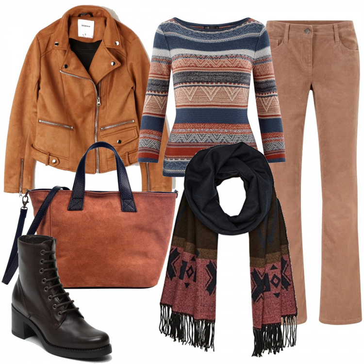 Outfit donna - Bootcut di velluto e fantasie. Stile Etnico per Tutti i giorni. Abbinamento con pantaloni, maglione a righe con scollo stretto jacquard blu, tronchetti nero e marrone, shopping bag con manico e zip interno foderato con tracolla regolabile bianco, sciarpe.