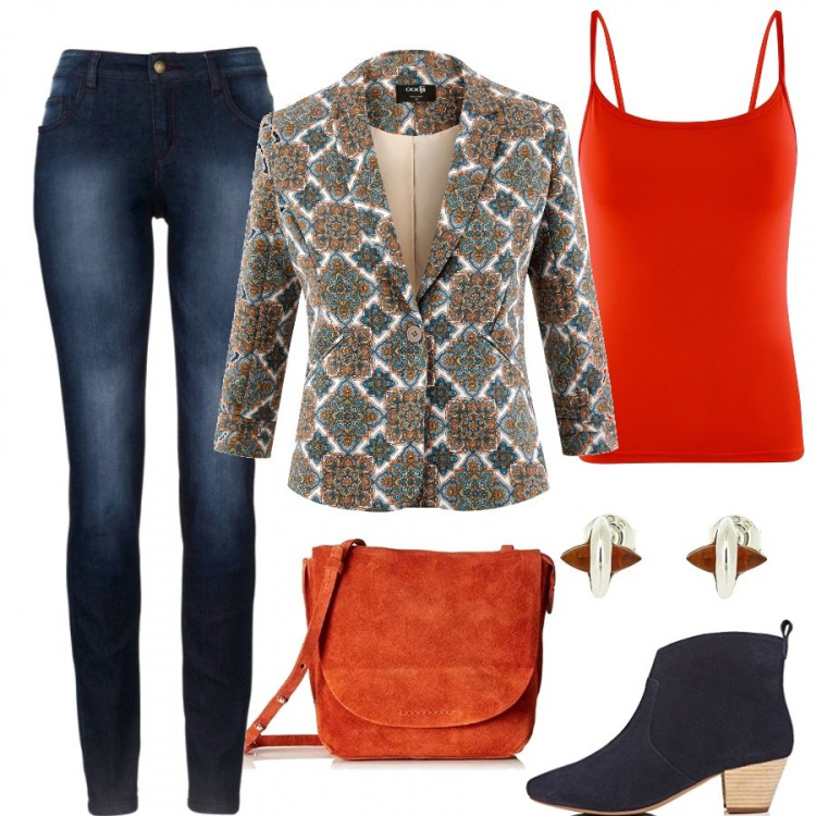 Outfit donna - Sempre di corsa. Stile Basic per Tutti i giorni. Abbinamento con jeans skinny, blazer, stivaletti texani, canottiera con bretelle e spalline sottili aderente arancione, orecchini in argento 925 argento e arancione, borse a spalla.