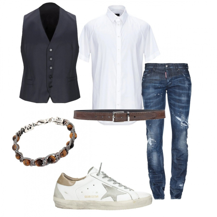 Outfit uomo - Jonny Deep inspired. Stile Casual per Tutti i giorni. Abbinamento con sneakers con logo frontale oro e bianco, giacca a panciotto, braccialetto, jeans a tubo delavé in denim tinta unita, camicia a maniche corte, cintura con fibbia tinta unita.