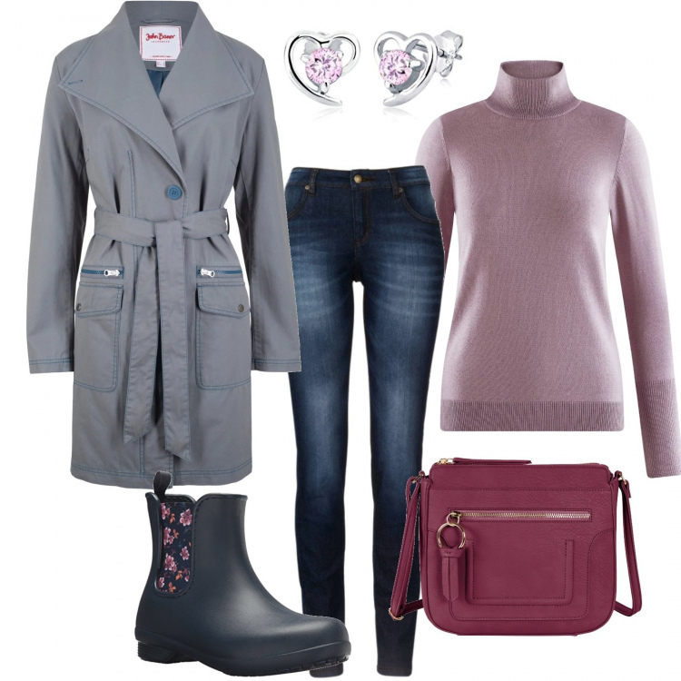 Outfit donna - Tempo di pioggia. Stile Urban per Tutti i giorni. Abbinamento con jeans skinny, trench grigio, vestiti, maglione spacchi laterali lavorato a maglia aderente viola, stivali chelsea blu, orecchini.