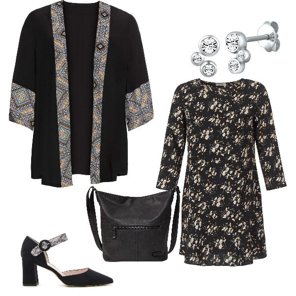 Outfit donna - Fantasiosa. Stile Trendy per Ufficio. Abbinamento con borse a tracolla, blazer, vestiti corti, décolleté, orecchini.