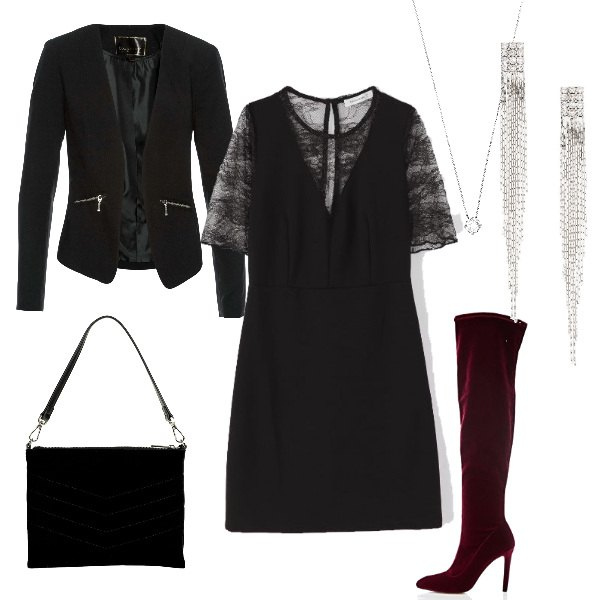 Outfit donna - Stivale Rosso. Stile Chic per Serata fuori. Abbinamento con blazer, orecchini, vestito corto con pizzo scollatura aderente nero, stivali in velluto elasticizzato rosso e bordeaux, clutch con manico e zip in velluto, collana girocollo in argento 925 argento.