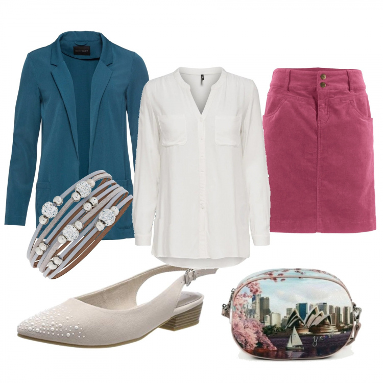 Outfit donna - Basic #16971. Stile Basic per Tutti i giorni. Abbinamento con gonne lunghe, blazer taglio dritto collo aperto con tasche, maglieria, camicia bianco, borsetta, scarpa col tacco.