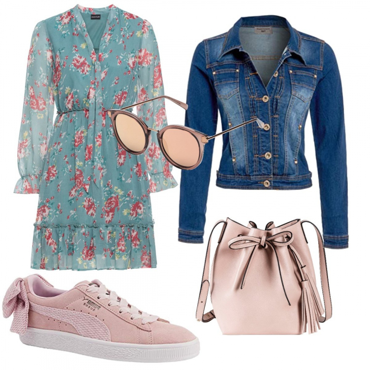 Outfit donna - Basic #16972. Stile Basic per Tutti i giorni. Abbinamento con vestito con volant e scollo con laccetti blu, shopping bag rosa, occhiali da sole lenti a specchio in montatura in metallo, giacca, sneakers alte.
