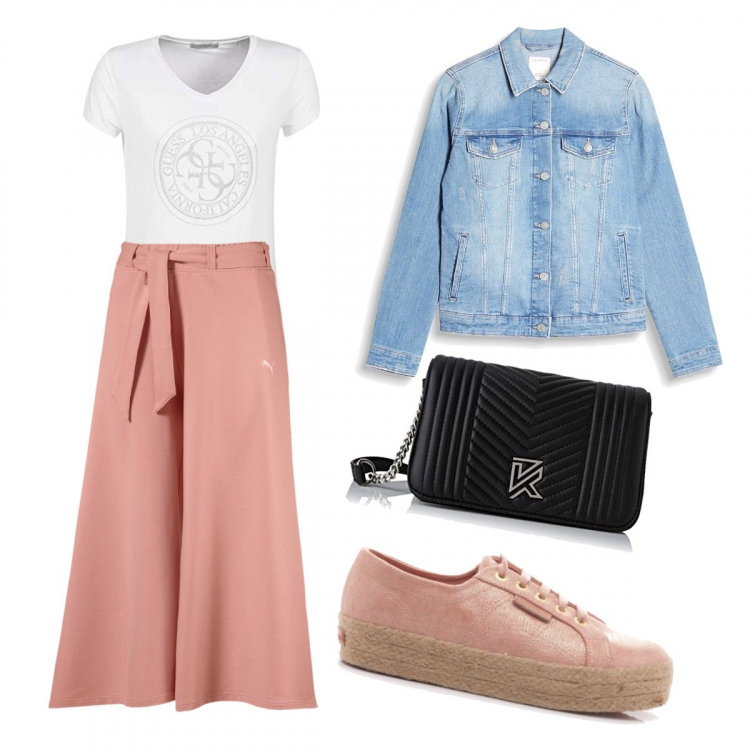 Outfit donna - Passeggiata in riva al mare. Stile Trendy per Tutti i giorni. Abbinamento con sneakers, pantalone rosa, borsa a mano nero, t-shirt glitter a maniche corte bianco, giacca in denim blu.