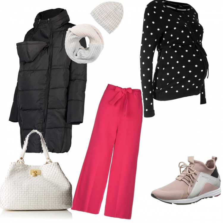 Outfit donna - Mamma e bella. Stile Basic per Tutti i giorni. look ideale per Premaman. Abbinamento con pantalone lungo, vestiti corti, foulard, giacca, shopping bag beige, scarpe da ginnastica pastello e rosa.