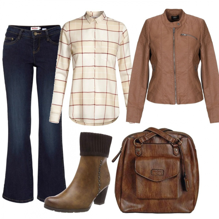 Outfit donna - Domenica in campagna. Stile Trendy per Tutti i giorni. Abbinamento con jeans bootcut, giubbotto collo coreana a maniche lunghe con zip interno foderato in pelle sintetica tinta unita, stivaletti marrone, camicetta beige, borse a tracolla.