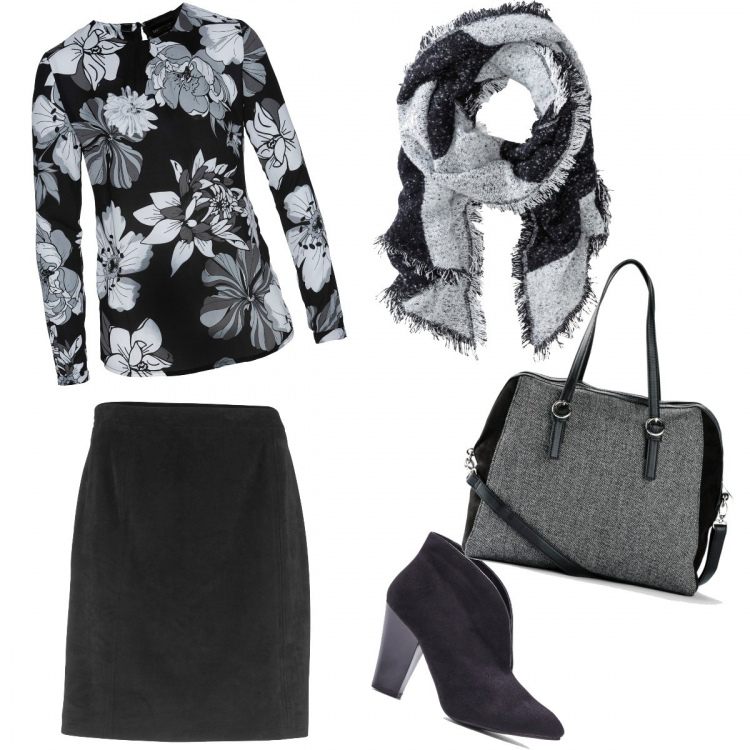 Outfit donna - # curvystyle. Stile Urban per Tutti i giorni. Abbinamento con borse a mano, sciarpe, reggiseni, gonna con zip nero, stivaletti.