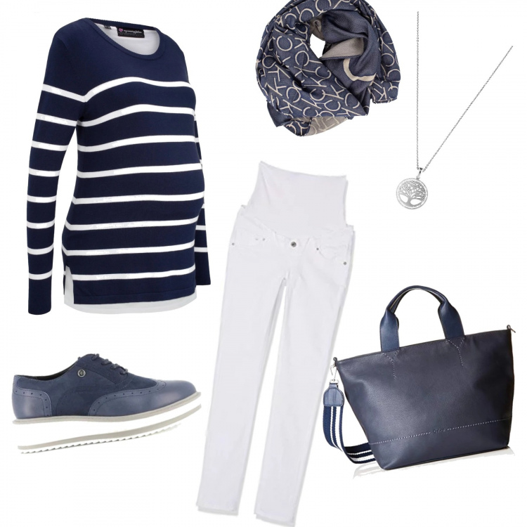 Outfit donna - Two is better than one!. Stile Basic per Tutti i giorni. look ideale per Premaman. Abbinamento con maglieria, scarpe stringate, sciarpa blu, jeans, borsa a spalla, collana girocollo.