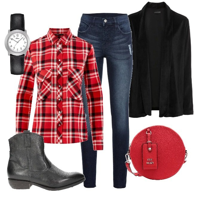 Outfit donna - Dettagli west style. Stile Trendy per Tutti i giorni. Abbinamento con jeans strappati, blazer, borsa a tracolla mini con zip interno foderato in pelle sintetica tinta unita, stivaletti nero, camicia a quadri con tasche rosso, orologi.