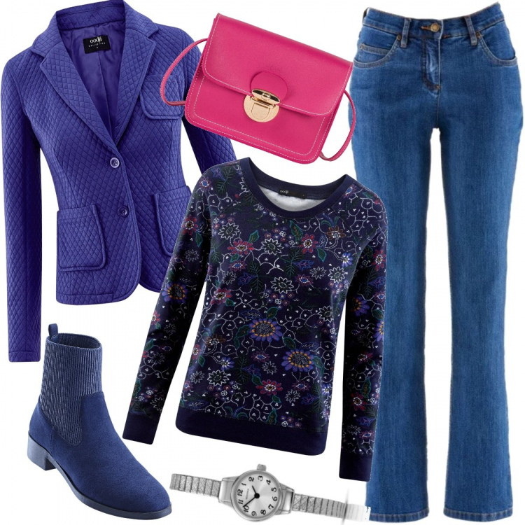 Outfit donna - Fucsia e blu elettrico. Stile Basic per Tutti i giorni. Abbinamento con jeans dritti, maglieria, borsa a tracolla a scatto in pelle sintetica fucsia, blazer effetto testurizzato aderente blu, felpa con stampa aderente blu, orologi.