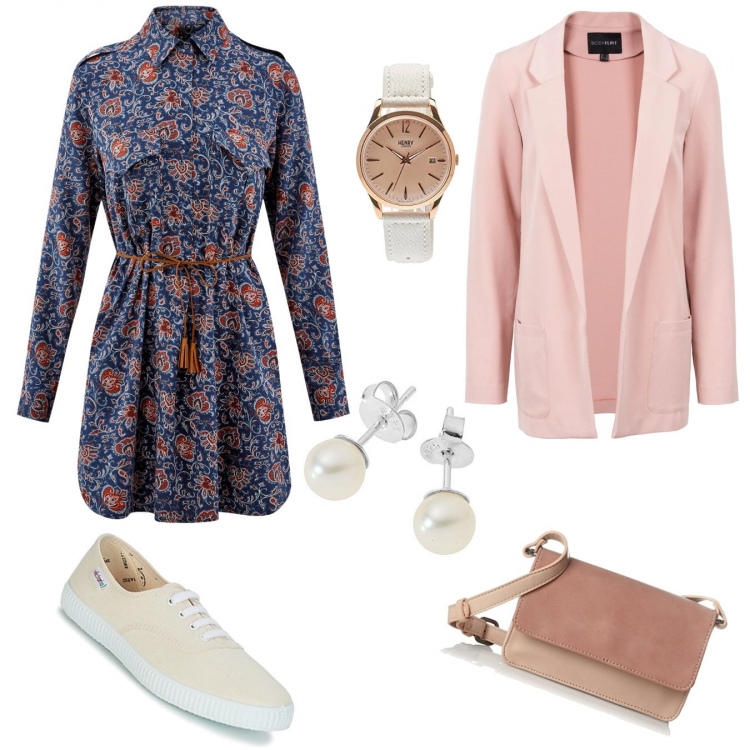 Outfit donna - Nessuno mette baby in un angolo.... Stile Bon Ton per Tutti i giorni. Abbinamento con vestiti corti, scarpe beige, vestiti chemisier, borsa a tracolla, orecchini con perle e perline in argento 925 bianco, orologio analogico con cinturino rosa e bianco.
