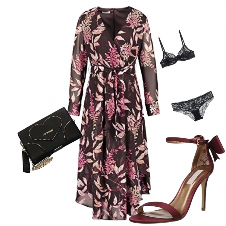 Outfit donna - Fiori in ogni occasione. Stile Chic per Serata fuori. Abbinamento con intimo coordinato con ferretto e pizzo tinta unita, vestiti, scarpe col tacco open toe viola, borse a mano.