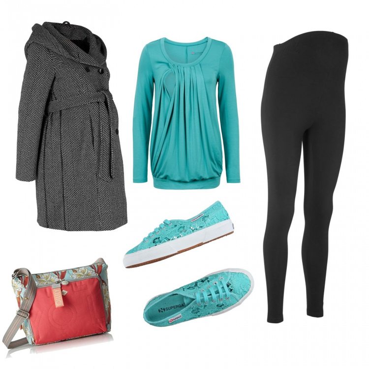 Outfit donna - Comoda e colorata. Stile Trendy per Tutti i giorni. look ideale per Premaman. Abbinamento con leggings, maglia premaman verde, cappotti, sneakers, charm.