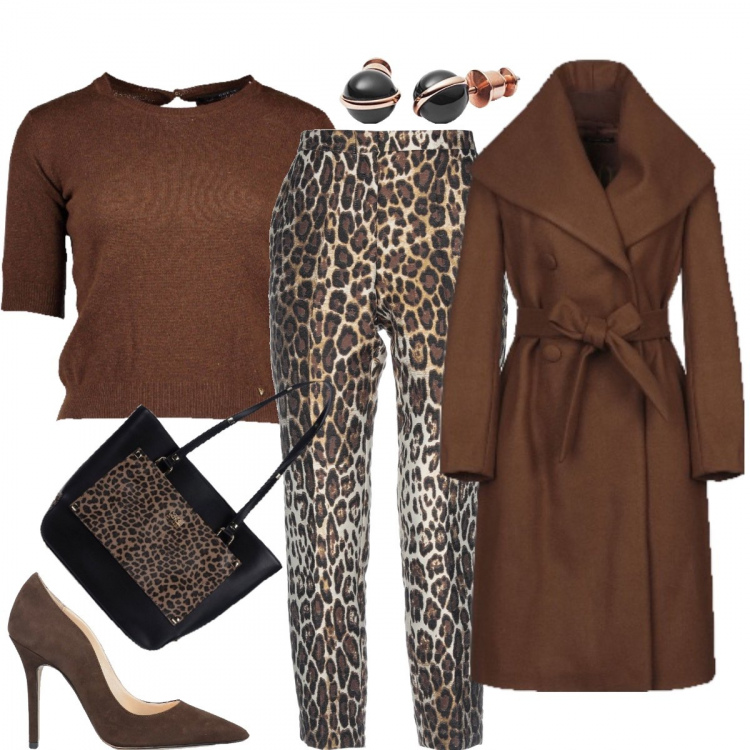 Outfit donna - Pantalone e borsa maculati. Stile Chic per Ufficio. Abbinamento con cappotto, borsa a mano fantasia con borchie taglia media con zip interno foderato in pelle sintetica con tasca interna, zeppe, pantalone lungo, maglioni, orecchini.