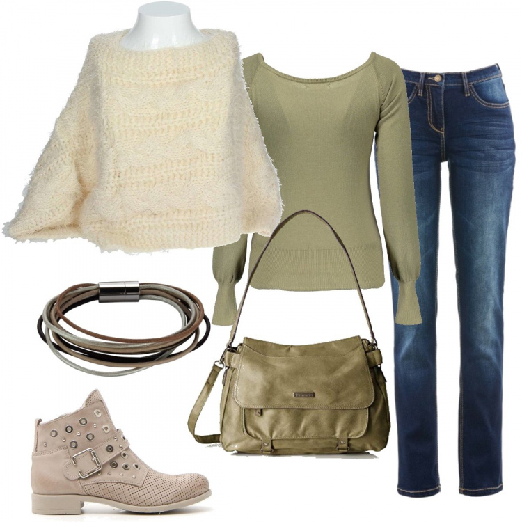 Outfit donna - Mantella tricot. Stile Basic per Scuola/Università. look ideale per Tall. Abbinamento con jeans dritti, sciarpe, maglione verde, stivaletti, borsa a tracolla verde e kaki, bracciale multicolore.
