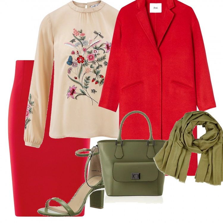 Outfit mujer - Combina colores!!!. Estilo Chic para Oficina. Combinación con blusa beige, cintura midi, cappotto midi rosso, zapatos de tacón verde, bandoleras, bufandas.
