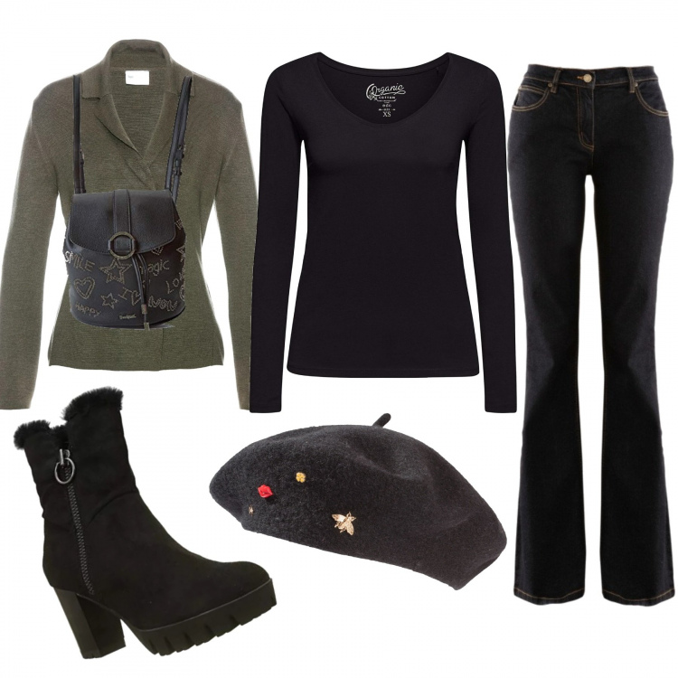 Outfit donna - Il basco borchiato. Stile Urban per Tutti i giorni. Abbinamento con cappelli e berretti, jeans bootcut, cardigan doppiopetto verde, vestaglie, stivaletti, zaini.