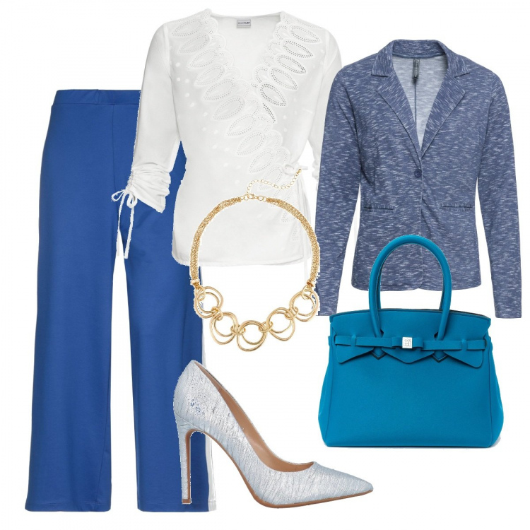 Outfit donna - Les Copains...low cost. Stile Bon Ton per Serata fuori. Abbinamento con pantalone con bande laterali vita alta senza tasche jersey, décolleté, jeans bootcut, blazer, pantaloni, borsa effetto metallizzato a clip blu scuro.