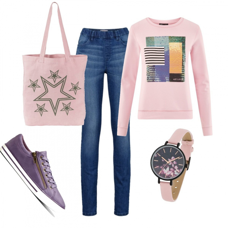 Outfit donna - Due passi con l\'amica #lowcost. Stile Basic per Tutti i giorni. Abbinamento con jeggings, pantaloni, shopping bag collo aperto rosa, orologio, felpe.