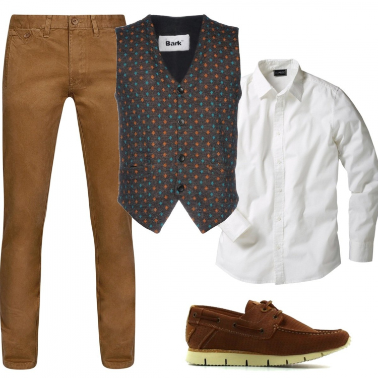 Outfit uomo - Col gilet colorato. Stile Business/Elegante per Ufficio. Abbinamento con camicie, giacca, scarpe elegant beige, pantalone.