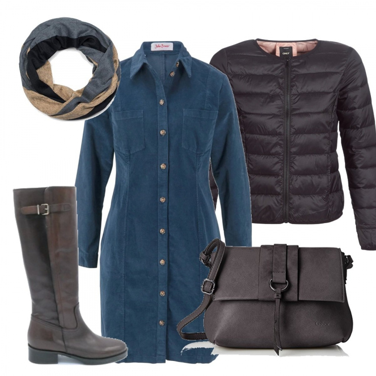 Outfit donna - Passeggiata al maneggio. Stile Basic per Tutti i giorni. Abbinamento con vestiti, stivali, piumino nero, borsa a tracolla nero, sciarpe.