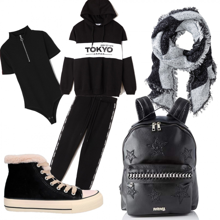 Outfit donna - A tutto sport. Stile Urban per Sport. Abbinamento con sciarpe, sneakers tennis, felpa fantasia con cappuccio nero, body a coste con zip tinta unita nero, pantalone nero, borsa a spalla.