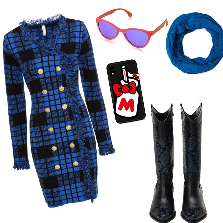 Outfit donna - Bello. Stile Trendy per Tutti i giorni. Abbinamento con vestiti, cover nero, stivali made italy con stampa nero e blu, occhiali da sole, foulard jersey.
