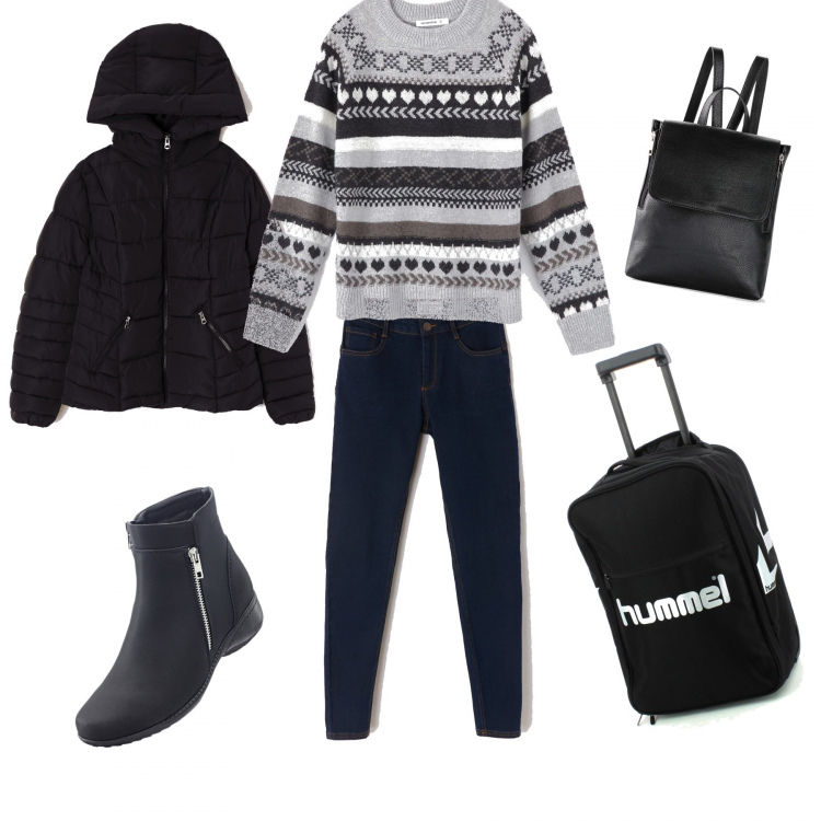 Outfit donna - Urban #8748. Stile Urban per Tutti i giorni. Abbinamento con stivaletti, zaino interno foderato in pelle sintetica nero, maglione melange jacquard grigio, piumino con cappuccio e zip tinta unita nero, pantalone skinny, valigia nero.