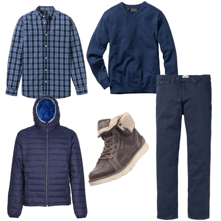 Outfit uomo - Caffè e giornali la domenica mattina. Stile Casual per Tutti i giorni. Abbinamento con maglieria, pantalone taglio dritto elasticizzato blu, camicia a quadri a maniche lunghe blu, stivali marrone, giubbotto collo alto a maniche lunghe con zip elasticizzato navy.
