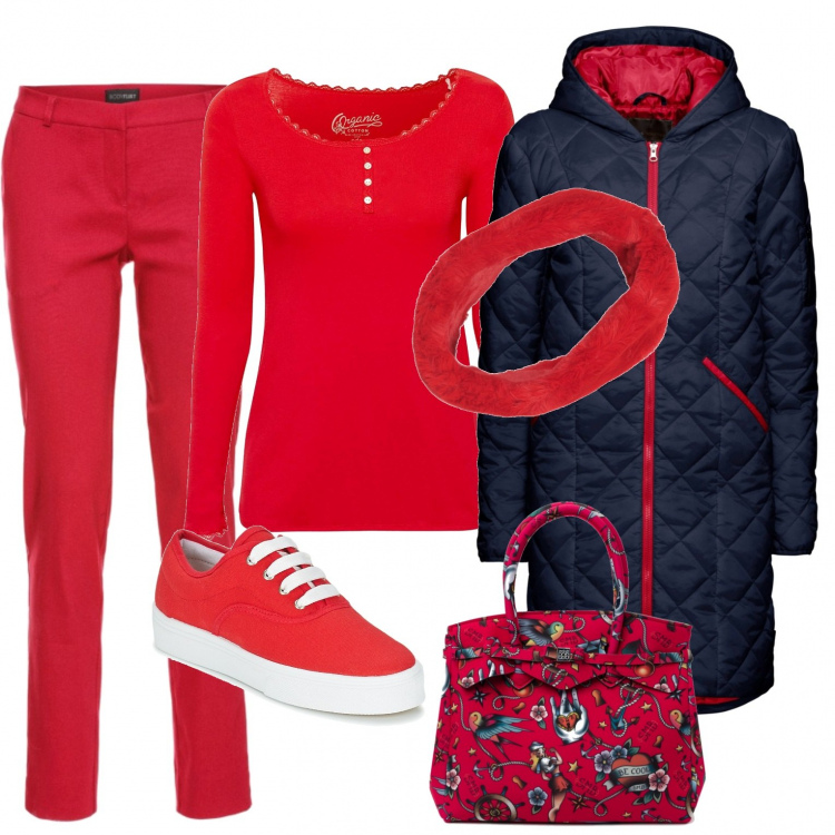 Outfit donna - Domenica in libertà. Stile Basic per Tutti i giorni. Abbinamento con blazer, pantaloni, sneakers, sciarpe, borsa con stampa a clip, maglia a maniche lunghe rosso.