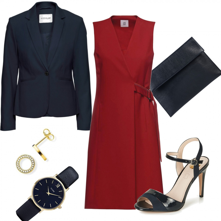 Outfit donna - Rosso formale. Stile Bon Ton per Ufficio. Abbinamento con blazer, borse a mano, sandali blu, gilet al ginocchio con cintura contrasto con fibbia rosso, orologio analogico con cinturino, orecchini a perno in oro bianco giallo e argento.