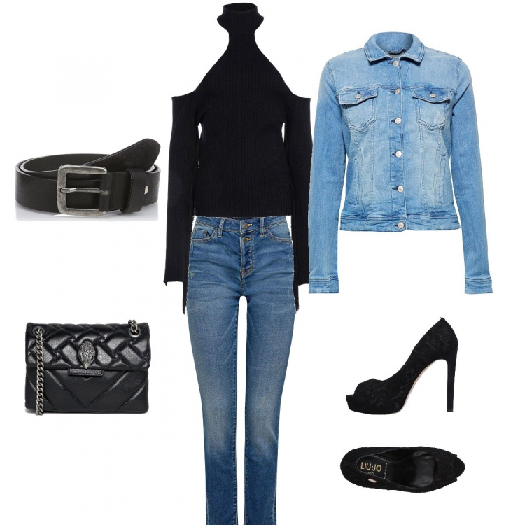 Outfit mujer - Look primaveral para salir de fiesta. Estilo Chic para Noche/Fiesta elegante. Combinación con vaqueros, giacca blu, cinturones, pullover jersey, stiletti con strass, borsa a mano mini.