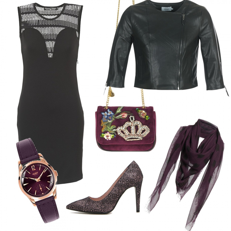 Outfit donna - Rock con un tocco vintage. Stile Chic per Serata fuori. Abbinamento con stola fantasia in seta, vestito corto nero, giacca nero, jeans, orologio, borsa a tracolla in velluto.