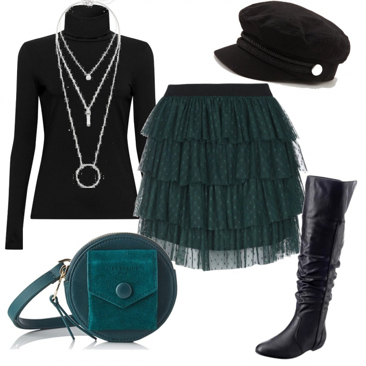 Outfit donna - Gonna con volant. Stile Trendy per Serata fuori. Abbinamento con stivali sopra il ginocchio, ciondoli, minigonna, cappello tinta unita nero, t-shirt, borsa a tracolla.