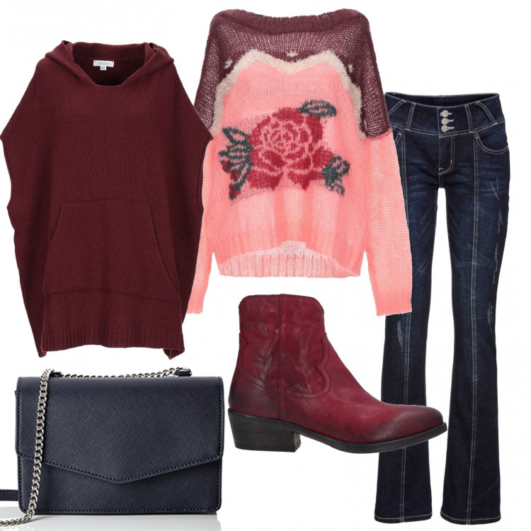 Outfit donna - Texano abbinato al pullover romantico. Stile Urban per Ufficio. Abbinamento con jeans bootcut, pullovers, pullover lavorato a maglia collo tondo taglia media tinta unita, stivaletti con tacco squadrato e zip con punta tonda pianta larga tinta unita, borsa a tracolla navy.
