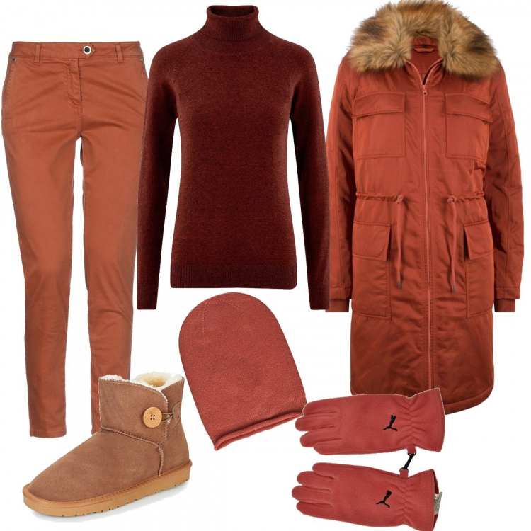 Outfit donna - Ma che freddo fa. Stile Basic per Tutti i giorni. Abbinamento con pantalone con zip tinta unita, vestiti midi/longuette, stivaletti, guanti, maglione melange lavorato a maglia collo a dolcevita aderente rosso, cuffia oversize taglia unica rosso.