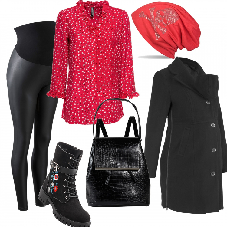 Outfit donna - My rock baby. Stile Rock per Tutti i giorni. look ideale per Premaman. Abbinamento con stivali, giacche, cappotti, treggings, zaino nero, cuffia beanie con strass glitter elasticizzato rosso.