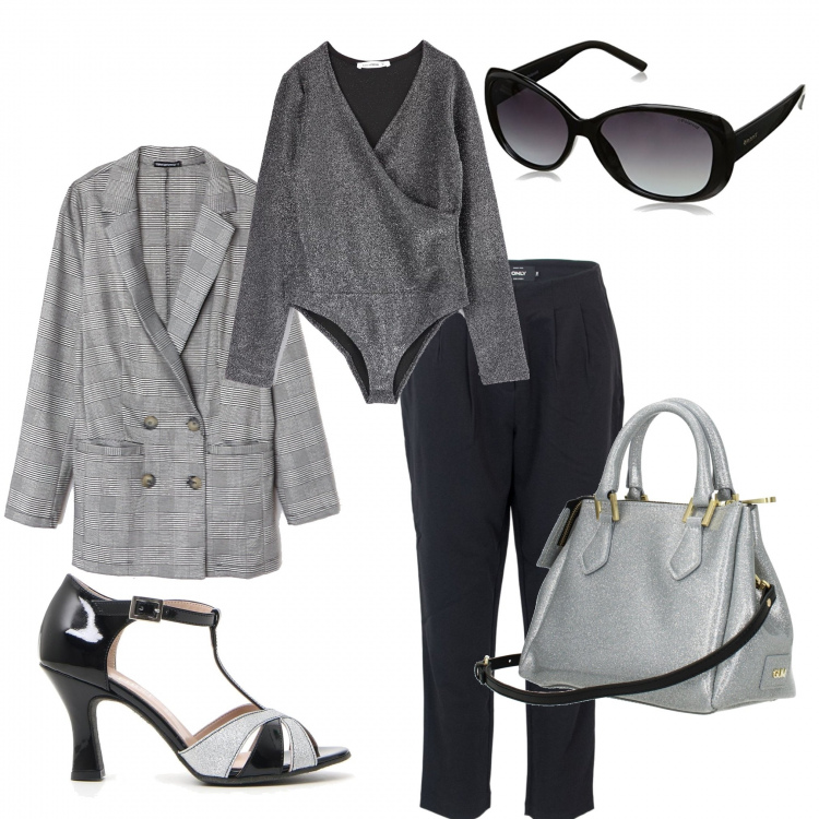 Outfit donna - Scintillante. Stile Trendy per Tutti i giorni. Abbinamento con body scollatura a maniche lunghe nero, giacca doppiopetto lunga fantasia bianco, borsa a mano con bottoni argento, pantalone, scarpe col tacco, occhiali da sole.