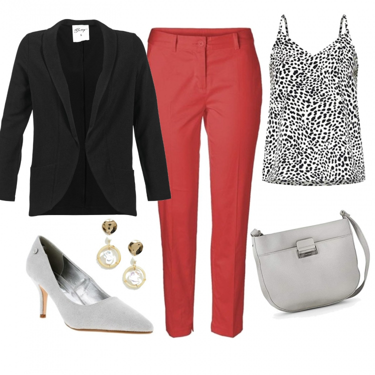 Outfit mujer - fiesta!. Estilo Chic para Noche/Fiesta elegante. Combinación con top a pois, shopping bag, pantalone, giacca, zapatos de tacón, completo petite in denim.