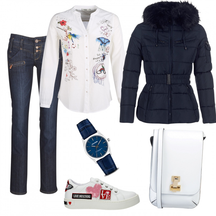 Outfit donna - Blu&white with decorations. Stile Urban per Tutti i giorni. Abbinamento con borse a spalla, sneakers con paillettes bianco, piumini, camicia bianco, jeans in denim blu, orologi.