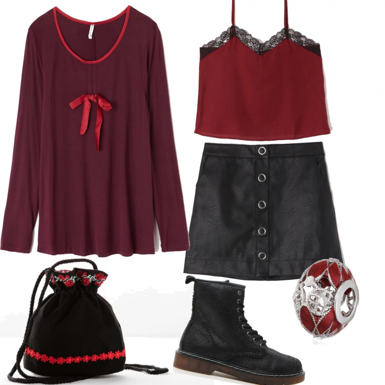 Outfit donna - Aperitivo con le amiche. Stile Trendy per Tutti i giorni. Abbinamento con shopping bag con coulisse nero, gonna mini in ecopelle tinta unita nero, t-shirt con fiocco, top con pizzo contrasto tinta unita bordeaux, stivaletti, collana in argento 925.